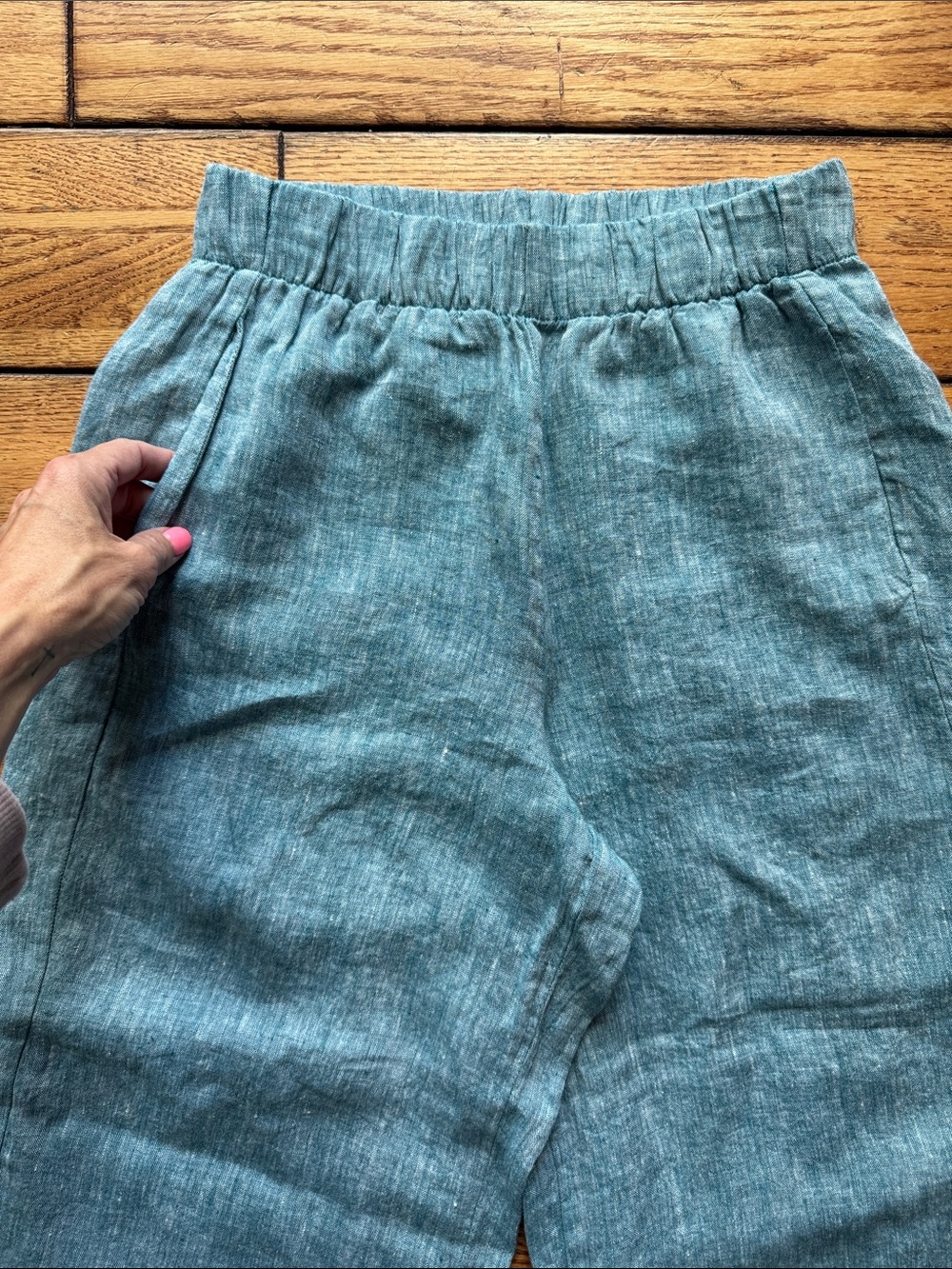 FLAX Pants Womens Sz P Teal Blue Linen Wide Leg Elastic Waist Boho Beach Pockets - Picture 3 of 11